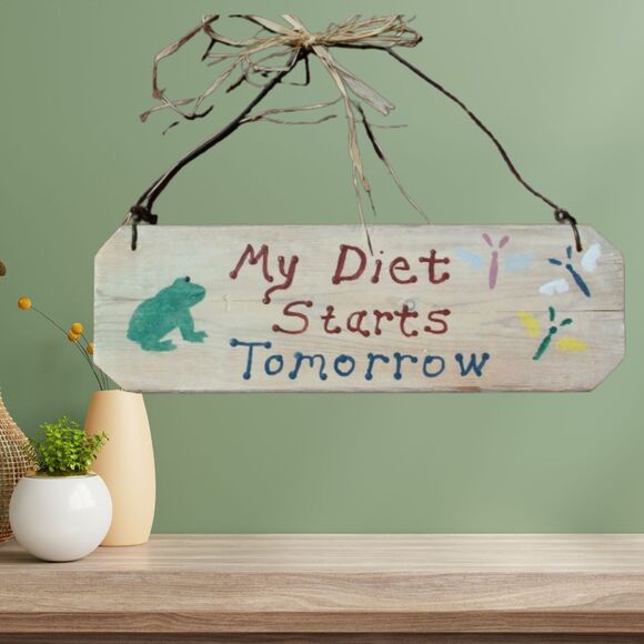 Handmade Wood Wall Sign for Kitchen Decor With Frog And My Diet Starts Tomorrow - Picture 3 of 4